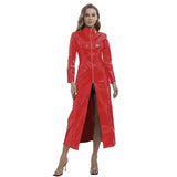 Lang skinnende læderjakke til dame - Fuld lynlåslukning - Ståkrave