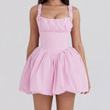 Trapezkjole til kvinder – Tætsiddende overdel – Flæsestropper – Mini pufnederdel