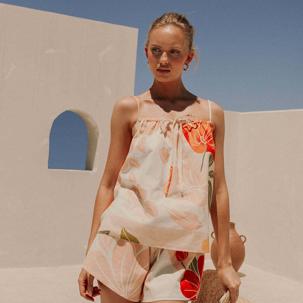 Ærmeløs dametop – Løs pasform – Åndbart stof – Blomsterprint – Afslappet