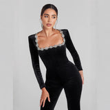 Damejumpsuit – Slim fit – Luksuriøs fløjl – Udsmykket krave – Lange ærmer