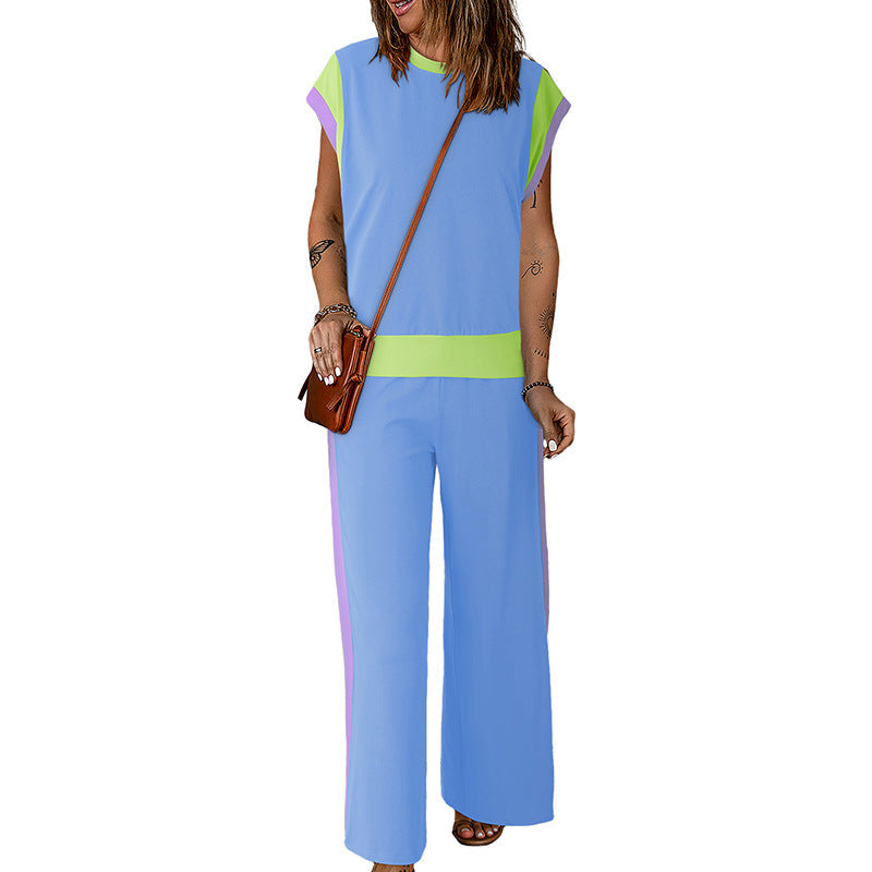 Damesæt – Let stof – Top med 3/4 ærmer – Bukser med 7/8-ærmer – Kontrastdetaljer