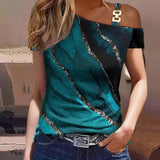 Kortærmet dametop – Afslappet pasform – Off-shoulder – Metalknapdetalje