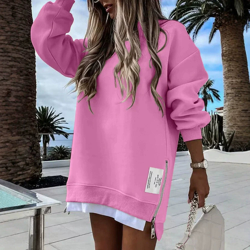 Damesweatshirtkjole - Bomuld - Løstsiddende - Rund hals - Mini længde