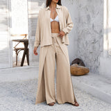 Damesæt – Langærmet skjorte med løs pasform – Højtaljede bukser med vide ben