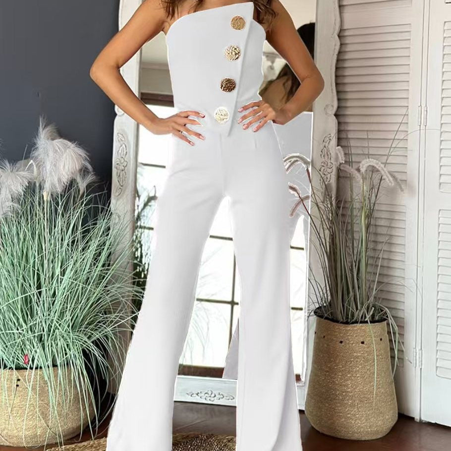 Damejumpsuit – Én skulder – Tætsiddende snit – Bukser med vide ben og flagrende ben – Knapper