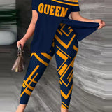 Damesæt – Afslappet top med skulderfri ærmer – Mønstrede, tætsiddende bukser – Let stof