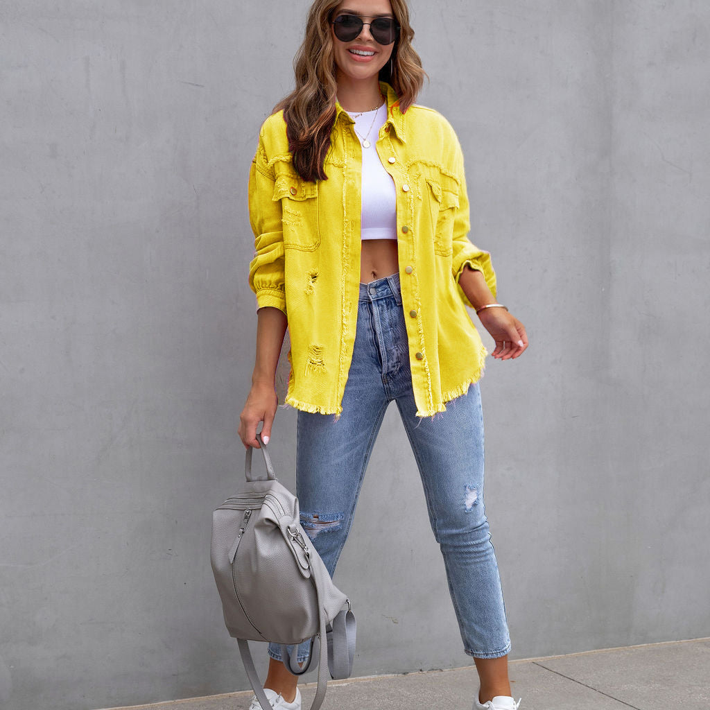 Dame denimjakke – Oversized pasform – Distressed wash – Længde til midt på hoften