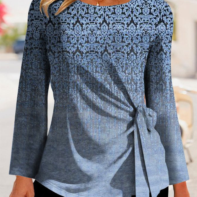 Langærmet dame-T-shirt – Afslappet pasform – Bindedetaljer i siden – Blødt, åndbart stof