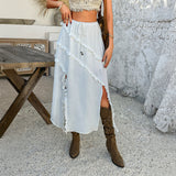 Midinederdel til kvinder – Svaj – Bomuldsblanding – Lagdelte flæser – Snøre i taljen