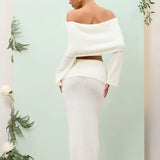 Damesæt i to dele – Off-the-Shoulder-top med lange ærmer – Højtaljet, figursyet nederdel