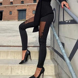 Damebukser - Strækstof - Slim Fit - Blomsterblondeindsatser - Høj talje