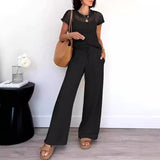 Damesæt – Kortærmet meshtop – Flagrende bukser med vide ben