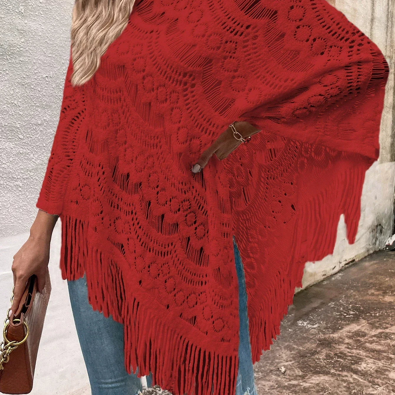 Damesjal – Blondestrik – Oversized pasform – Asymmetrisk frynset kant