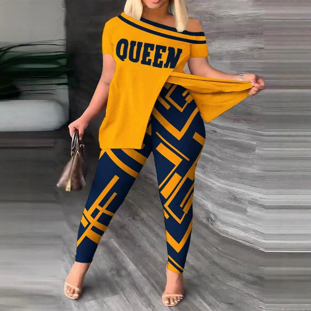 Damesæt – Afslappet top med skulderfri ærmer – Mønstrede, tætsiddende bukser – Let stof