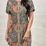 Dametunikakjole – Afslappet pasform – Boho-print – Korte ærmer – Afslappet stil