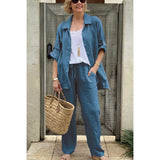 Damesæt med skjorte og bukser – Åndbart hør – Afslappet pasform – Elastik i taljen