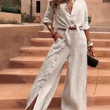 Damebuksedragt – Hør og bomuld – Vide ben – Justerbar talje – Sideknapper