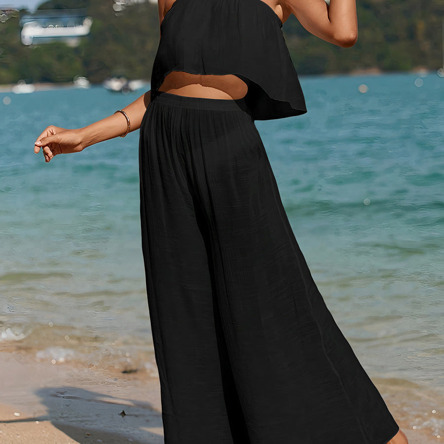 Damesæt i to dele – Flagrende bustiertop – Højtaljede bukser med vide ben