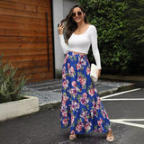 Lang nederdel til kvinder – A-formet snit – Elastik i taljen – Flæser – Blomsterprint