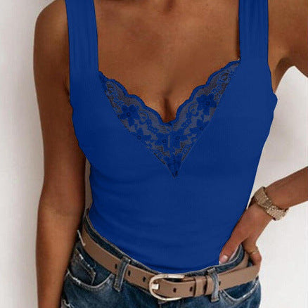 Ærmeløs dametop – Blonde V-hals – Tætsiddende snit – Elegant og alsidig