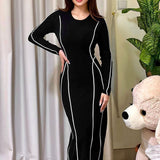 Elegant langærmet kjole til kvinder – Kontraststriber – Bodycon-pasform