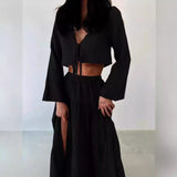 Damesæt i to dele – Bomuld og hør – Kort vest med bindebånd – Lang nederdel med slids