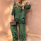 Damesæt – Løs top med 3/4 ærmer og bukser med høj talje og vide ben – Åndbart hør – Dyreprint