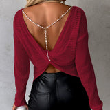 Dametop med lange ærmer - Åben strik - Afslappet pasform - Åben ryg med perler