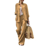 Damesæt med skjorte og bukse – blød bomuld – vide ben – lange ærmer, skjortekrave