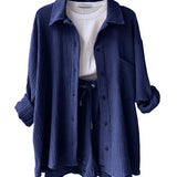 Damesæt – Klassisk krave med krøllet skjorte – Højtaljede shorts med justerbar snøre