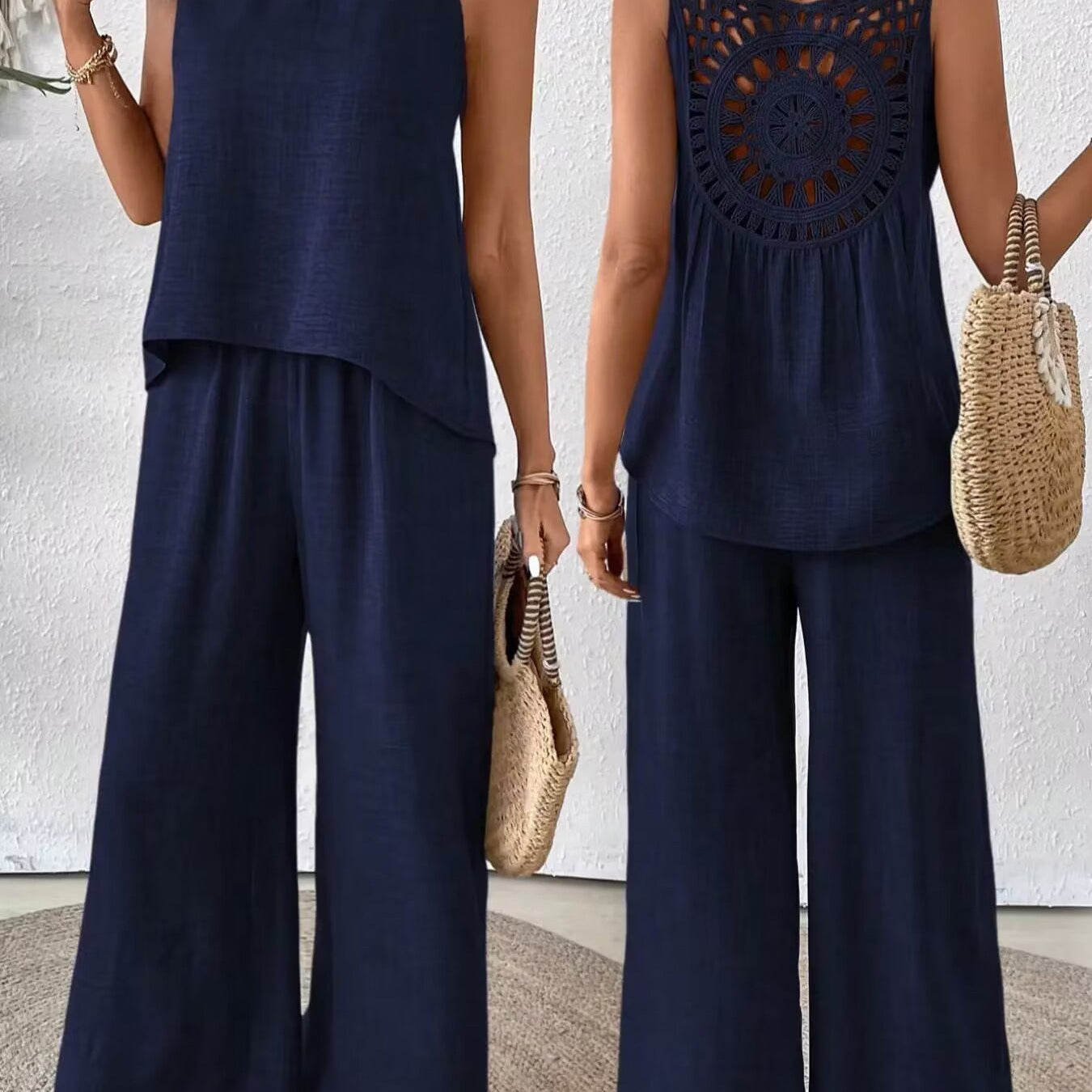 Damesæt i to dele – Hør – Ærmeløs hæklet top – Højtaljede bukser med vide ben