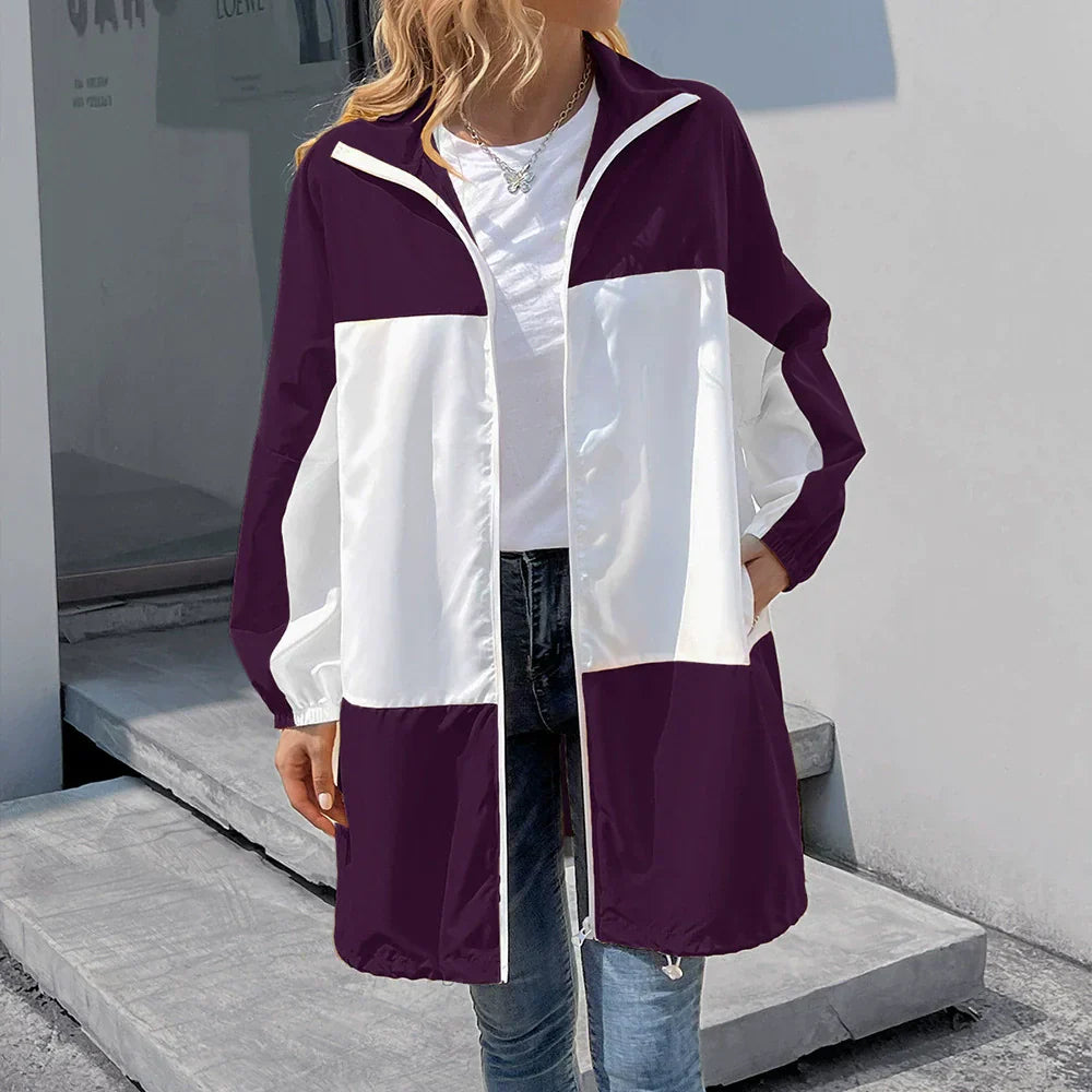 Vandtæt damejakke – Afslappet pasform – Mellemlang – Hætte – Farveblok