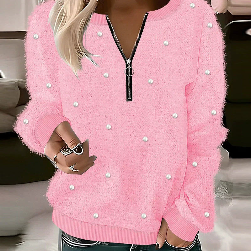 Damesweatshirt - Tekstureret strik - Afslappet pasform - Lynlåsudskæring - Lange ærmer