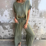 Damesæt i to dele – Hør bomuld – Løstsiddende – Bukser med vide ben – Korte ærmer