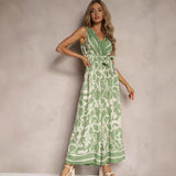 Damejumpsuit – Ærmeløs – V-hals – Bindebånd i taljen – Flagrende printet snit