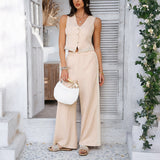 Damesæt: Vest og vide bukser – Tætsiddende snit – Blondedetaljer – Åndbart stof