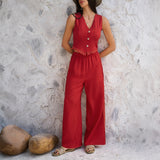 Damesæt: Vest og vide bukser – Tætsiddende snit – Blondedetaljer – Åndbart stof