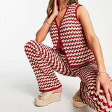 Damesæt med knaplukning og vide bukser – blød strik – elastisk talje