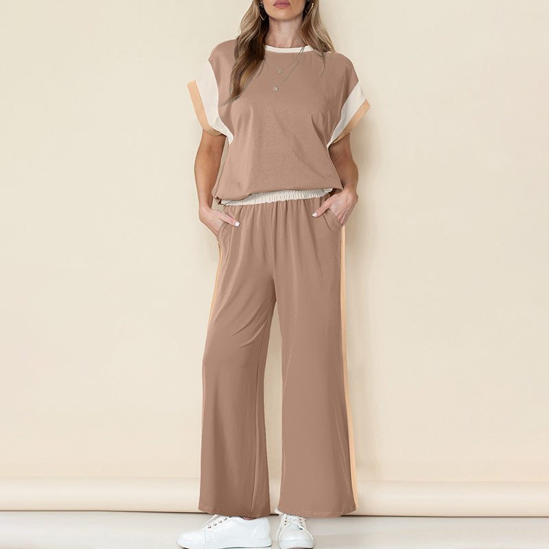 Damesæt – Let stof – Top med 3/4 ærmer – Bukser med 7/8-ærmer – Kontrastdetaljer