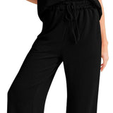 Dame loungewear-sæt – afslappet pasform – blød ribbet strik – kortærmet top og bukser med vide ben