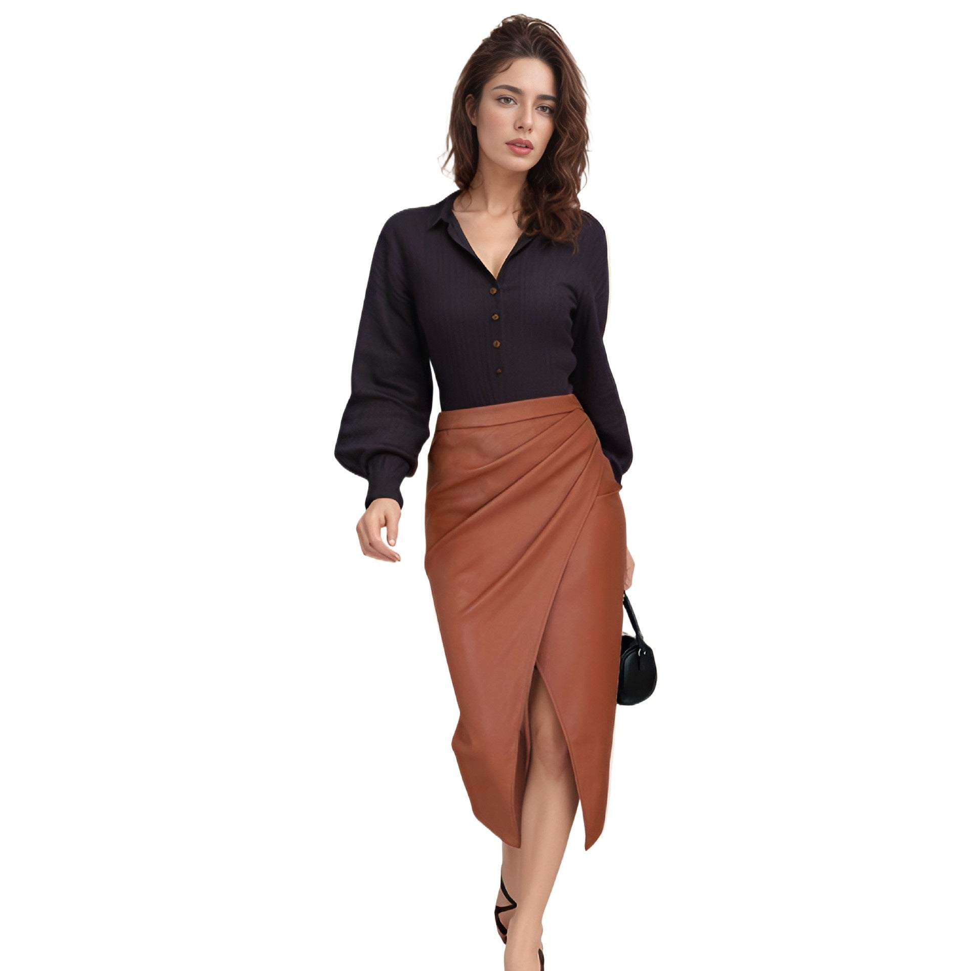 Dameblyantnederdel – Draperet kunstlæder – Slim fit – Slids foran – Midilængde