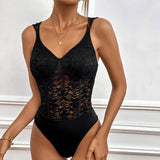 Body femme – Dentelle transparente – Coupe ajustée – Décolleté plongeant – Sans manches