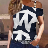 Kortærmet dametop – Afslappet pasform – Off-shoulder – Geometrisk mønster – Bomuld