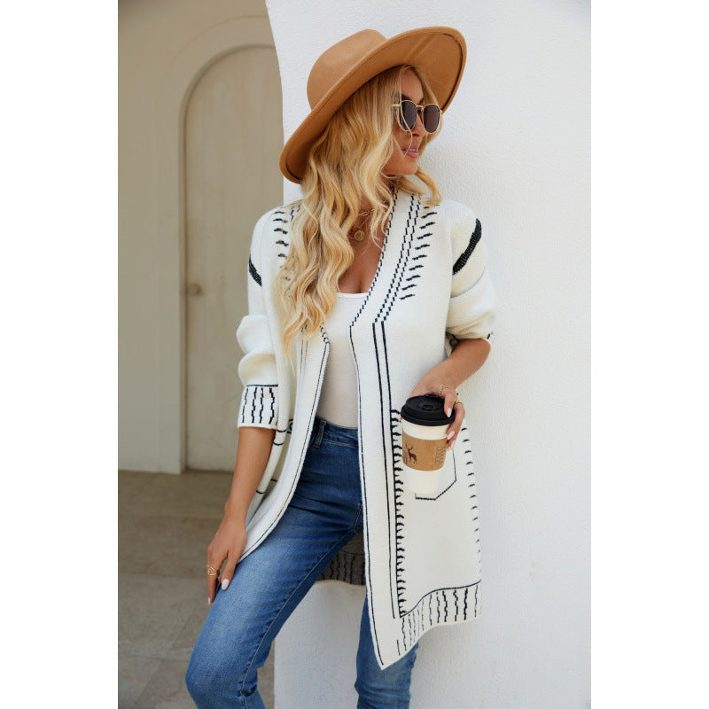 Damecardigan – Blød strik – Oversized pasform – Jacquard – Åben front med lommer – Mellemlang