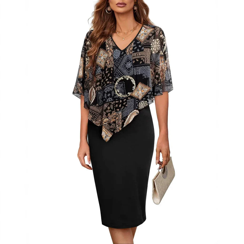 Damekjole – Tætsiddende snit – V-hals – Flagrende stof – Elegant midilængde