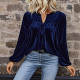 Dametop med lange ærmer – Afslappet pasform – V-hals med knap – Fløjlsblødt stof