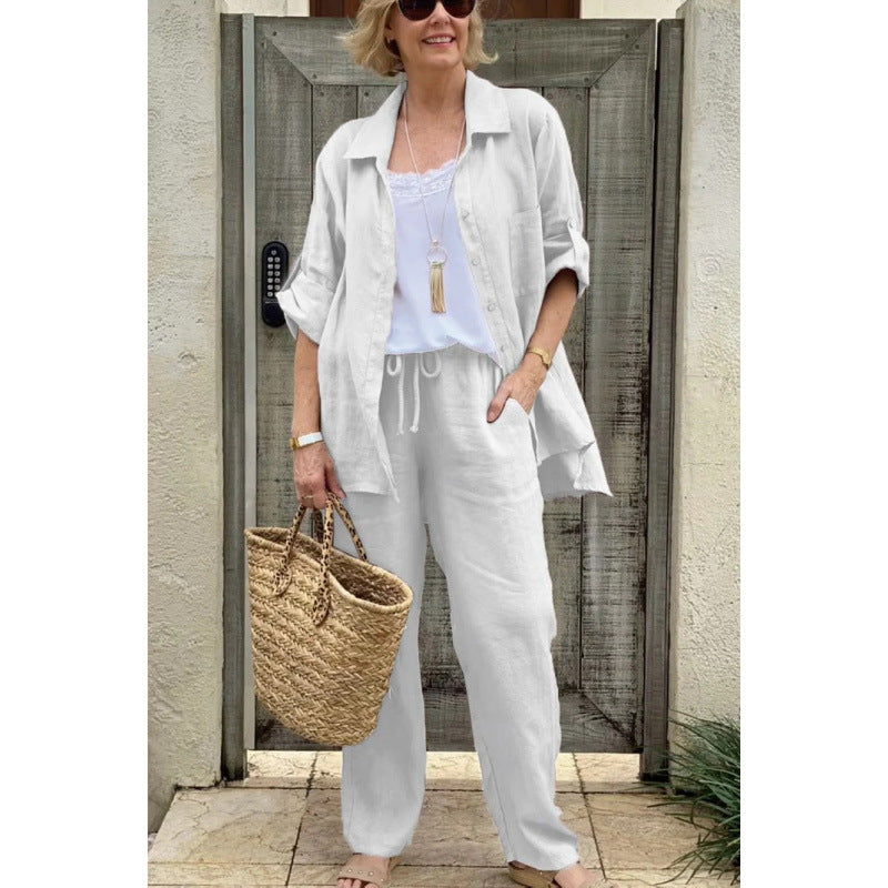 Damesæt med skjorte og bukser – Åndbart hør – Afslappet pasform – Elastik i taljen