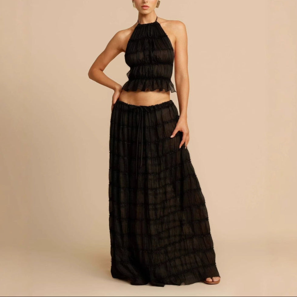 Damesæt i to dele – ruchet halterneck-top – lang nederdel med elastik i taljen – åndbart stof