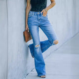 Dame bootcut jeans – Høj talje – Slitage-look – Svajer i benene – Fuld længde