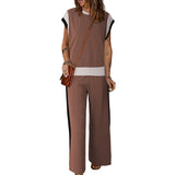 Damesæt – Let stof – Top med 3/4 ærmer – Bukser med 7/8-ærmer – Kontrastdetaljer